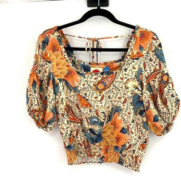 Anthropologie Farm Rio Brown Blue Bambina 3/4 Sleeve Square Neck Blouse Size XS - Picture 2 of 8